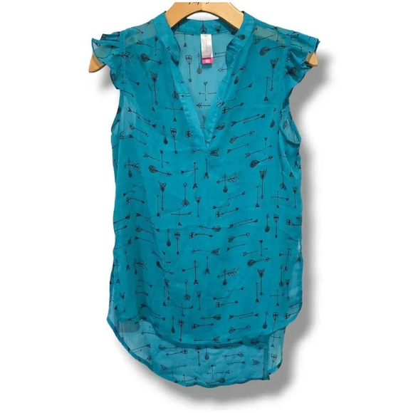 NoBo No Boundaries Juniors Flutter Sleeve Arrow print teal sheer blouse - small​ - Picture 1 of 9